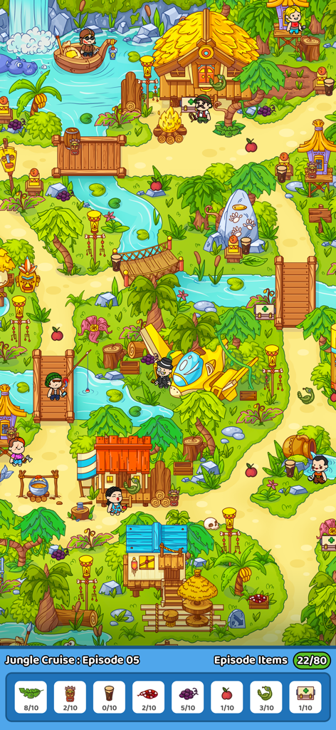 Found It! Hidden Object Game - Colorido mapa de dibujos animados de la jungla en el juego de objetos ocultos ¡Lo Encontré! mostrando una misión de búsqueda del tesoro en el Episodio 5.