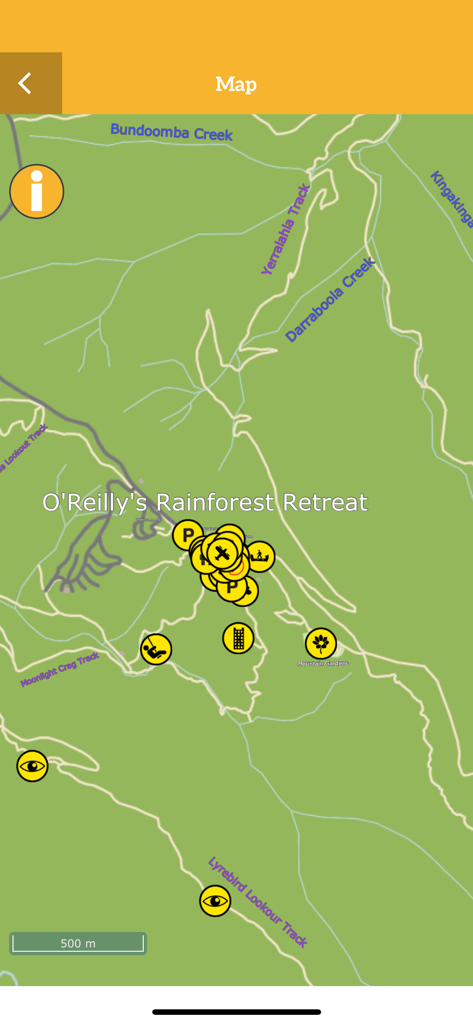 An interactive map screen in the O'Reilly's app showing hiking tracks and facilities at the Rainforest Retreat.