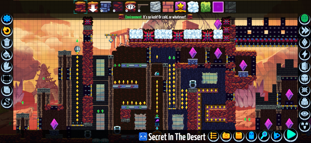 Levelhead game screenshot showing the complex and intuitive level editor workshop with a desert themed stage design