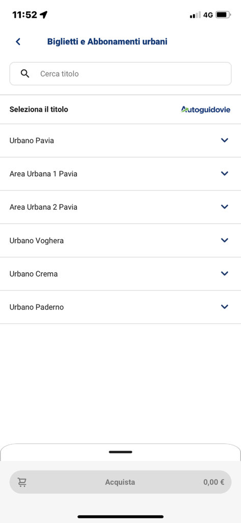 Autoguidovie - Interface of the Autoguidovie app showing options to buy urban bus tickets for Pavia and Crema