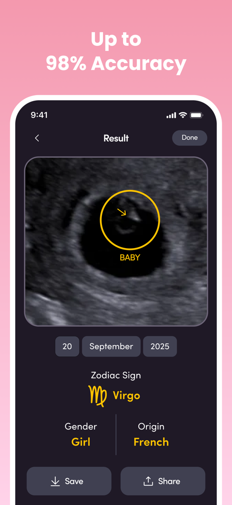 NubX: Gender Reveal& Baby Scan - Screenshot of the NubX app displaying a baby ultrasound result with AI-predicted gender as girl, Virgo zodiac sign, and French origin.
