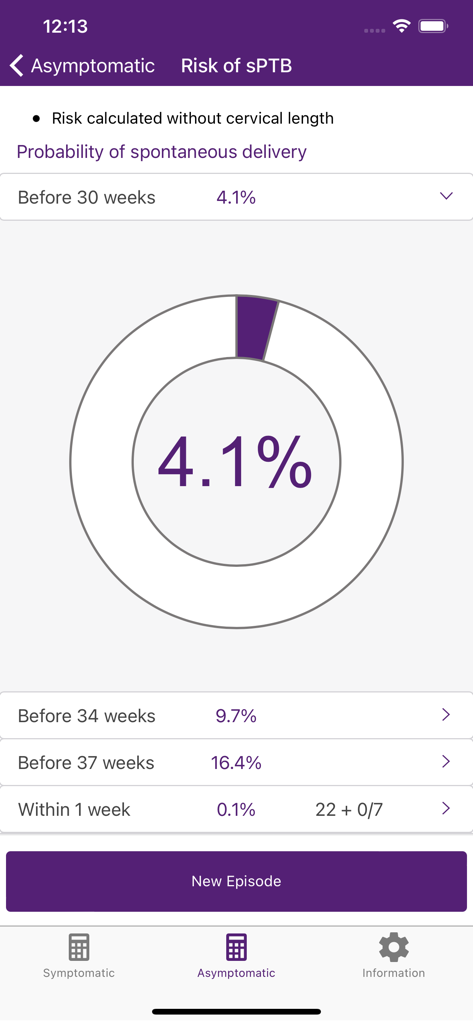 QUiPP - QUiPP app interface displaying spontaneous preterm birth risk percentages for clinical decision support