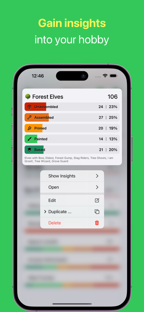 Figure Case - Hobby Progress - Screenshot dell'app Figure Case che mostra un riepilogo dei progressi della collezione di miniature per Elfi della Foresta.