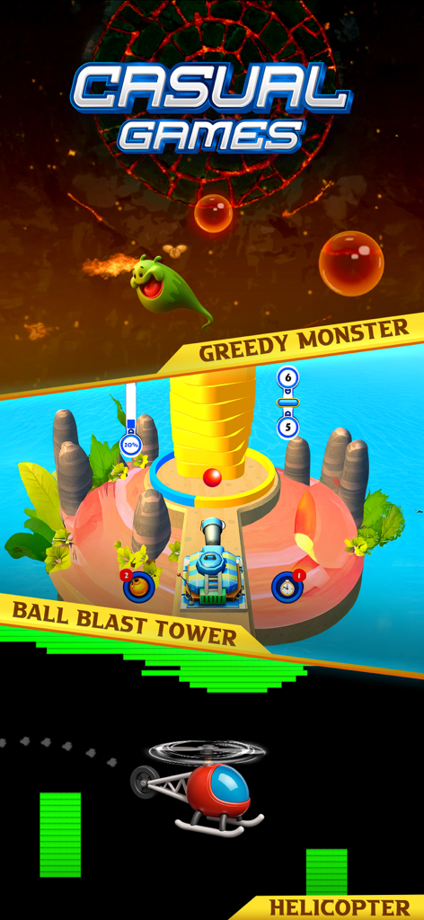 Addictive Games™ - A collection of casual mobile games featuring Greedy Monster Ball Blast Tower and Helicopter.