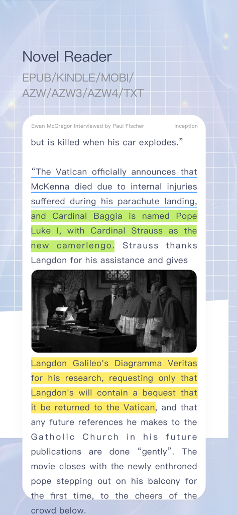 Una captura de pantalla de la función Lector de Novelas en la aplicación Files Go mostrando texto resaltado y soporte para múltiples formatos de libros electrónicos