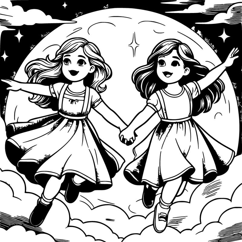 two girls about the same age flying through a moonlit sky, holding hands. they are sisters, so they look alike.