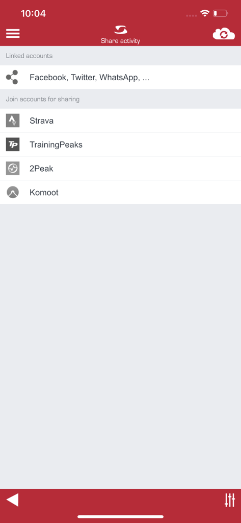 L'interface de partage d'activité de l'application SIGMA LINK affichant les intégrations tierces comme Strava et TrainingPeaks