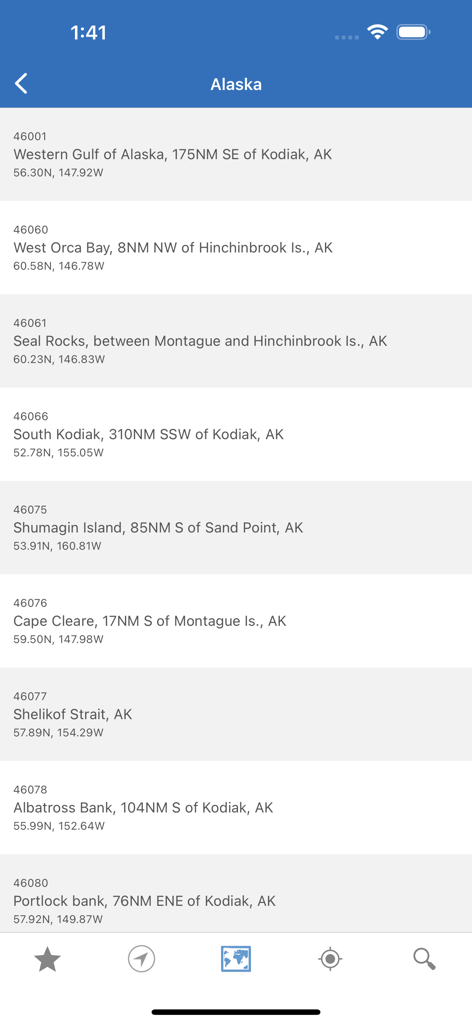 NOAA Buoys Marine Weather PRO - A list of NOAA marine weather buoy stations in Alaska with locations and coordinates