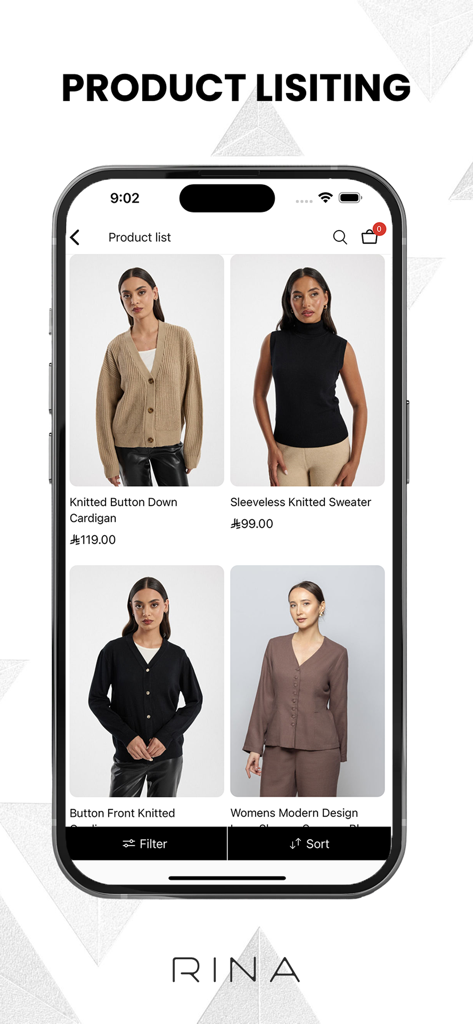 Rina – Women’s Clothing Online - Captura de pantalla de la página de listado de productos en la aplicación de ropa femenina Rina que muestra varios cárdigans y suéteres.