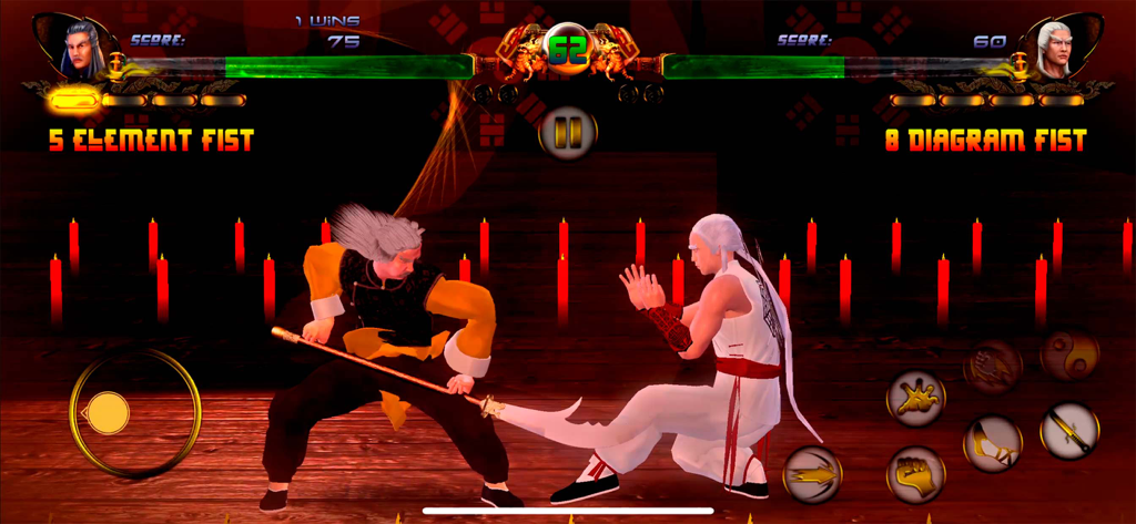 Shaolin vs Wutang - Fighting - Two martial artists in a candlelit temple fighting with traditional kung fu styles in Shaolin vs Wutang.