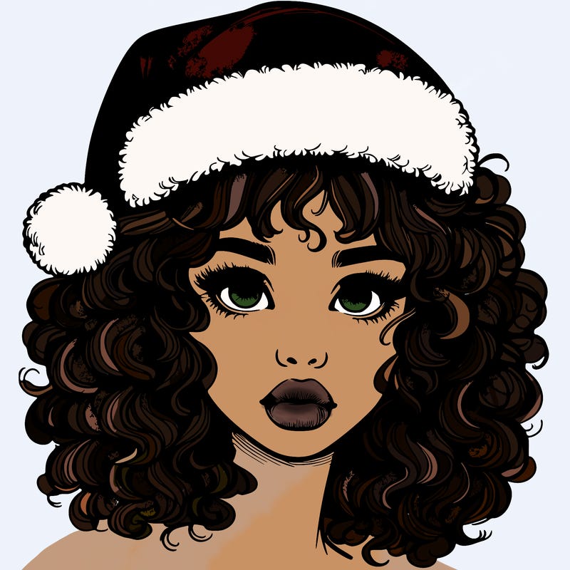 realistic girl with a santa hat curly hair and lips
