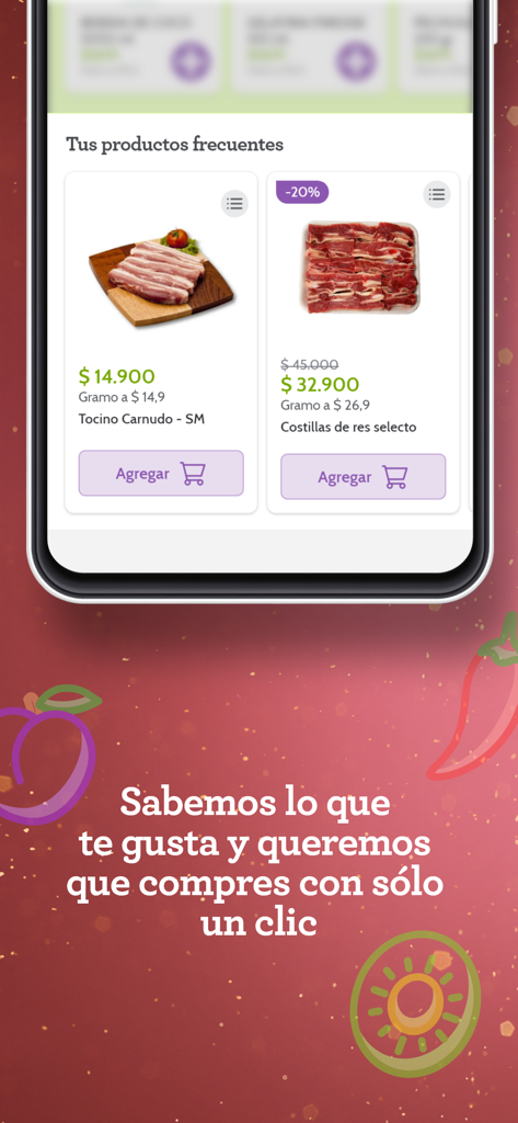 Carulla - Carulla app screen showing personalized meat product recommendations and one click shopping.