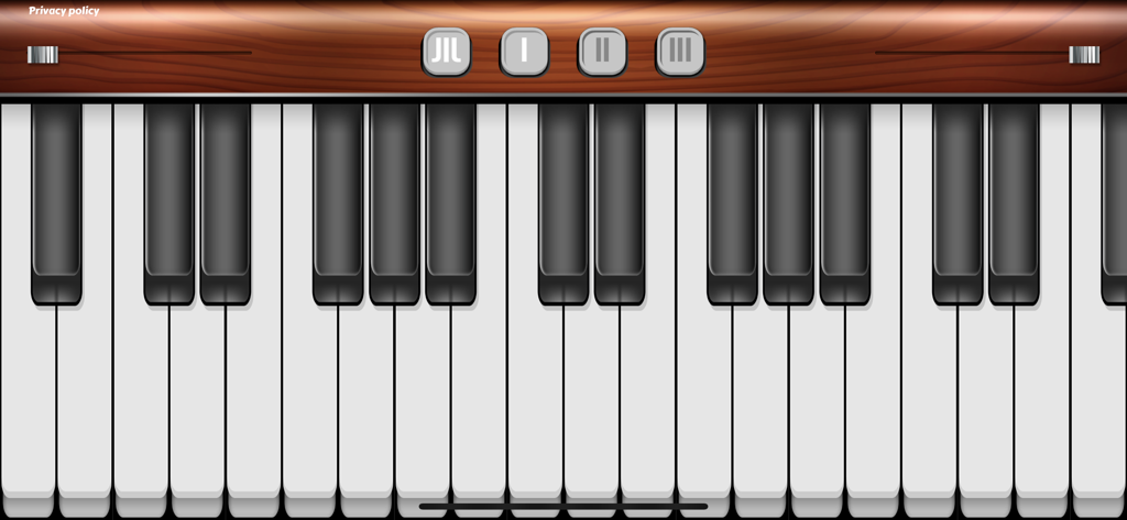 Close up view of a virtual piano keyboard with wooden trim and white and black keys