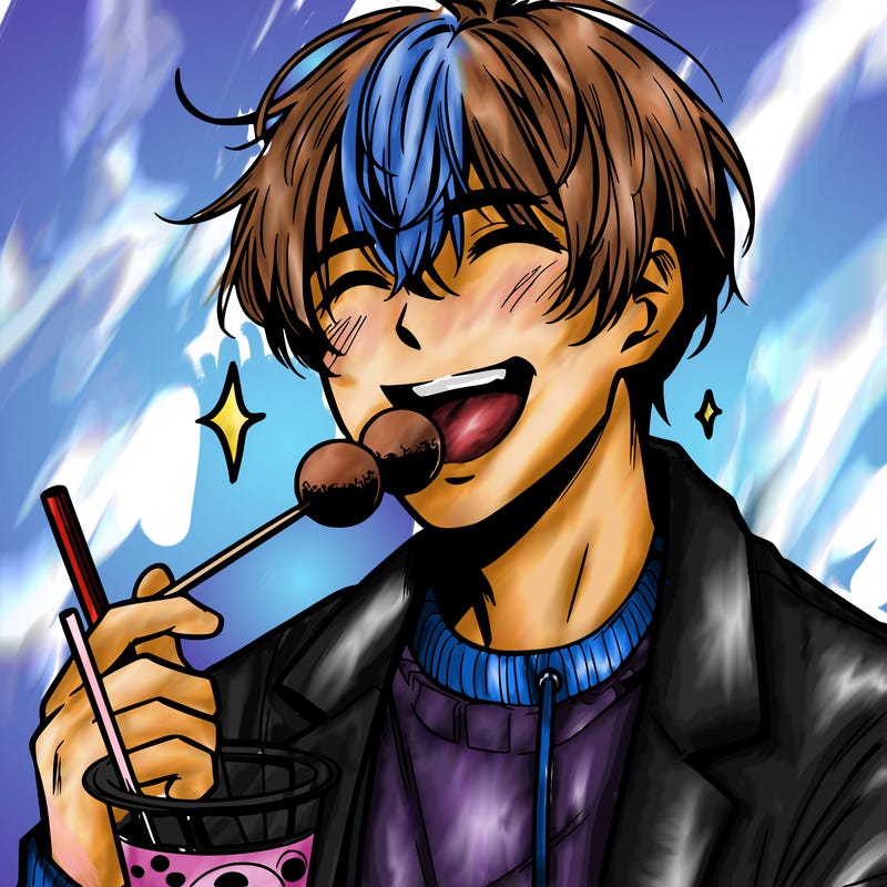 manga split man eating boba on a stick