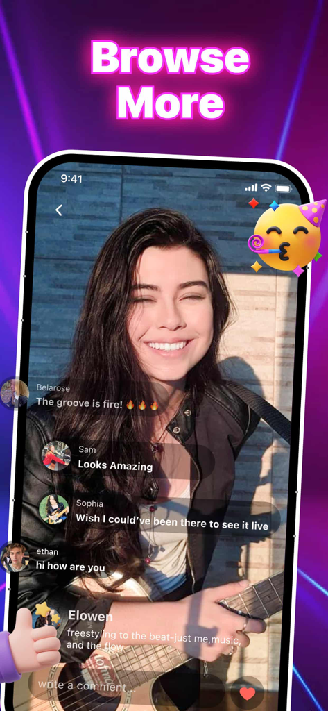 기타를 든 뮤지션과 소셜 미디어 댓글이 표시되는 Bubee 앱의 세로 동영상 피드.
