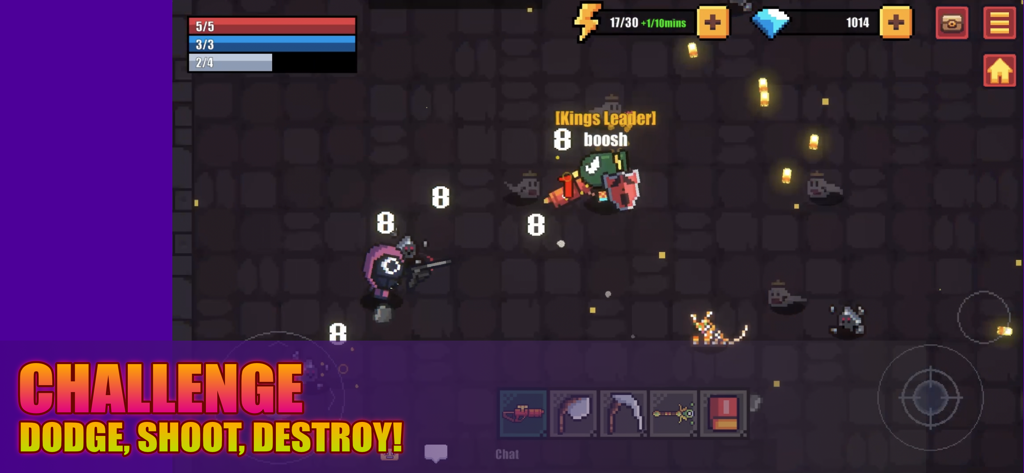 Personaggio pixel art che combatte mostri in un dungeon in Shooting Survival con un invito all'azione a schivare, sparare e distruggere