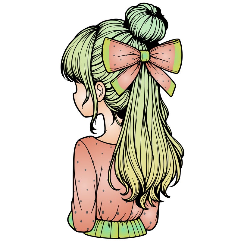 realistic girl  with hip length hair a bun and a big bow on the back of head