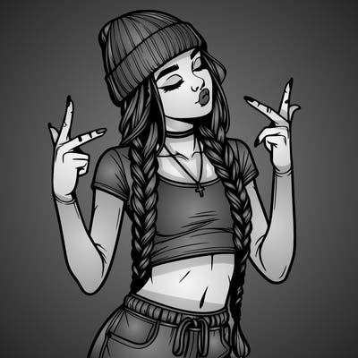 realistic teenage girl with braids and a beanie and crop top doing 🫶🏼