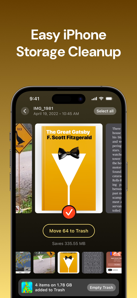 Clever Cleaner: AI CleanUp App - La interfaz de la aplicación Clever Cleaner muestra a un usuario seleccionando múltiples fotos para eliminar y liberar espacio de almacenamiento en el iPhone