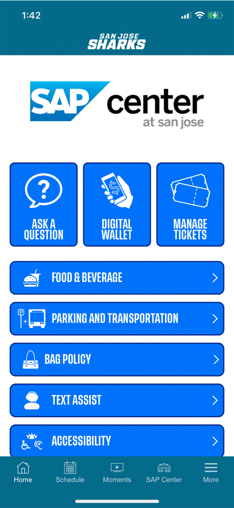 San Jose Sharks + SAP Center - San Jose Sharks app interface showing SAP Center venue services including digital wallet and ticket management