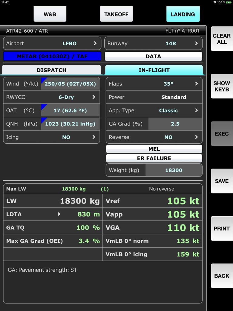 SPS - ATR aircraft performance - Landing performance calculation screen showing weights and speeds for an ATR aircraft