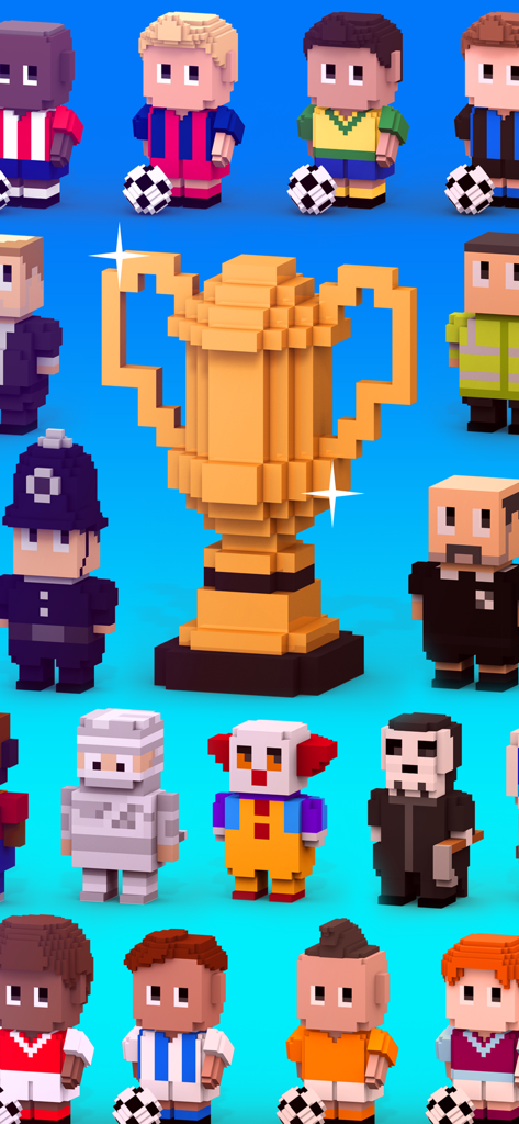 Blocky Soccer - A collection of various blocky voxel characters and a large golden trophy from the game Blocky Soccer