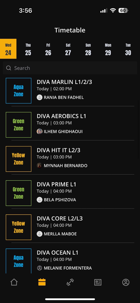 Daily gym class schedule in the Fitness Map app showing available workouts and times.