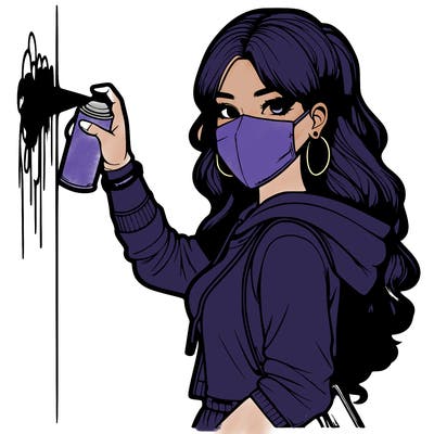 realistic girl with mask spray painting a wall