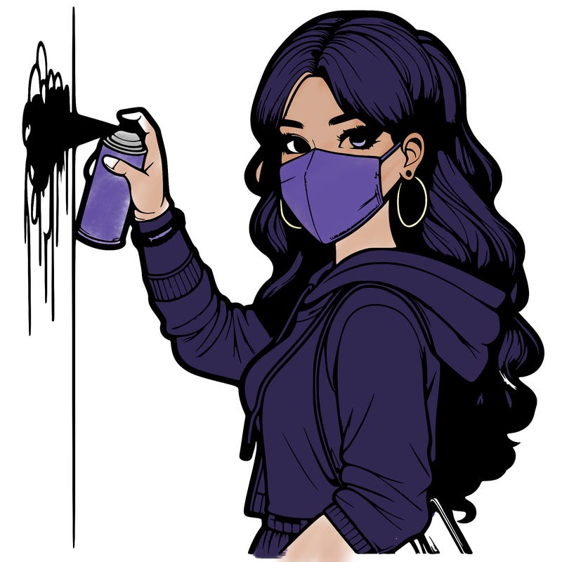 realistic girl with mask spray painting a wall