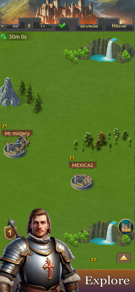 Lords of Kingdoms - A knight stands before a green world map with medieval castles in Lords of Kingdoms.