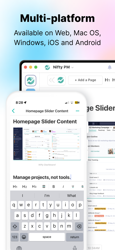 Nifty: Manage Projects & Tasks - Nifty app interface showing multi-platform availability across web desktop and mobile for task management