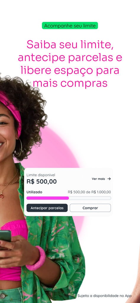 Interface of the Pagaleve app showing a user's available credit limit and options to pay installments early.