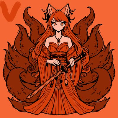 high detailed nine tailed fox woman with a sword