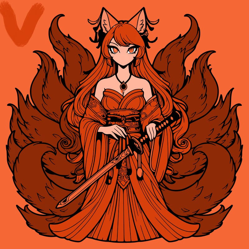 high detailed nine tailed fox woman with a sword