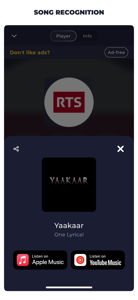 Pantalla de reconocimiento de canciones de la aplicación Radio Senegal mostrando detalles de la pista identificada y enlaces de transmisión para Apple Music y YouTube Music