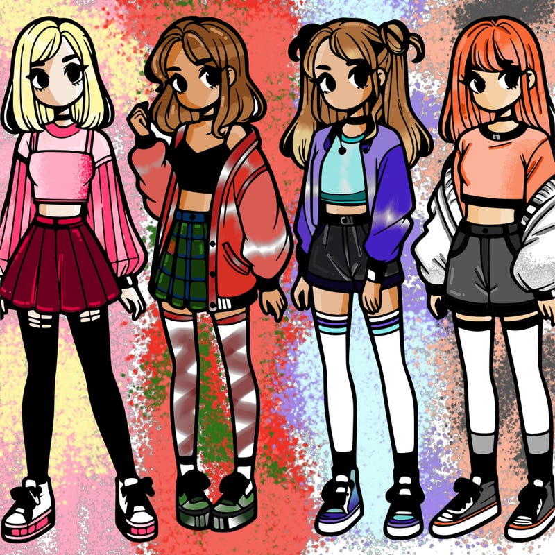 one girl with crop-top shirt and a jacket with a skirt, long socks and another girl with a shirt and pants with a jacket