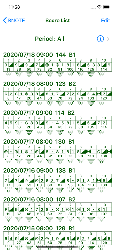 Écran de l'application BNOTE affichant une liste détaillée de cartes de score de bowling et de données de performance historiques