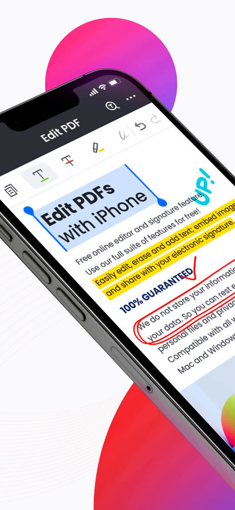 PDF Reader & PDF Editor - PDFリーダーアプリでPDF編集とテキストハイライトツールが表示されたiPhone画面