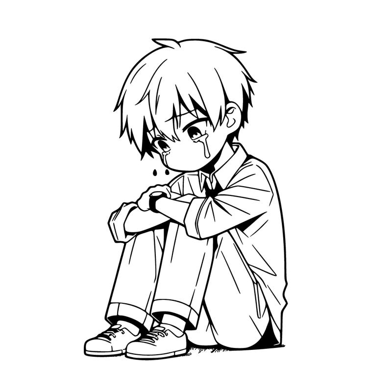 anime human sitting and crying on floor