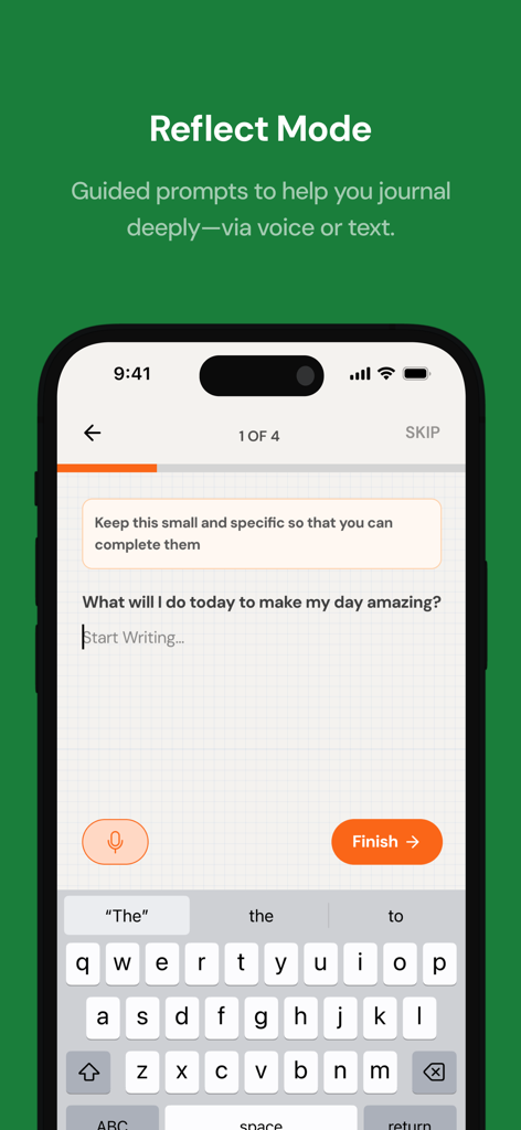 RJ: Selfcare Gratitude Journal - Interfaz de la aplicación Rocket Journal que muestra el Modo Reflect con una indicación guiada de autocuidado diario.