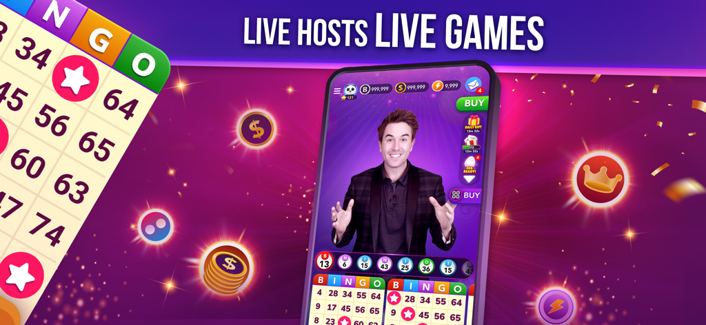 Live Play Bingo: Real Hosts! - A live host broadcasting a bingo game on a mobile smartphone screen with bingo cards and gold coins.