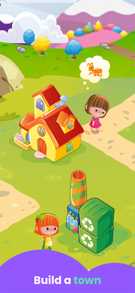 Spelling City Games for Kids - Ein Gameplay-Screenshot von Spelling City Games for Kids, der eine farbenfrohe Stadtbauumgebung mit Cartoon-Figuren und einem gelben Haus zeigt