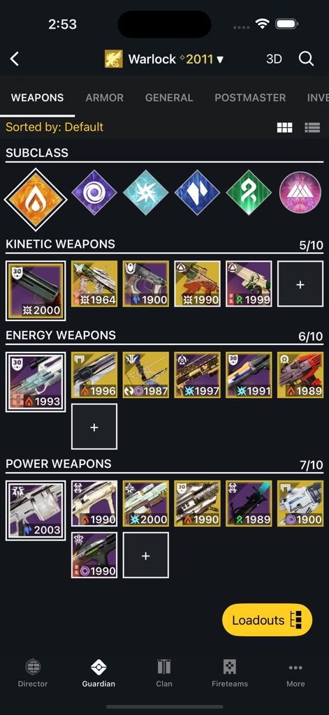 Destiny 2 Companion - Destiny 2 Companion app screen showing a warlock character weapon inventory with kinetic energy and power weapons