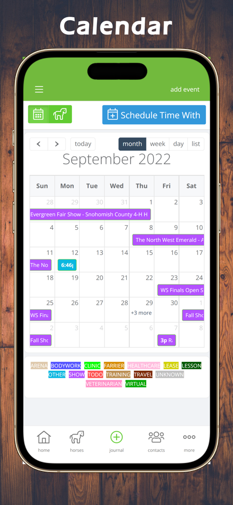 Equestrian App - Monthly calendar in the Equestrian App for tracking horse care activities and events