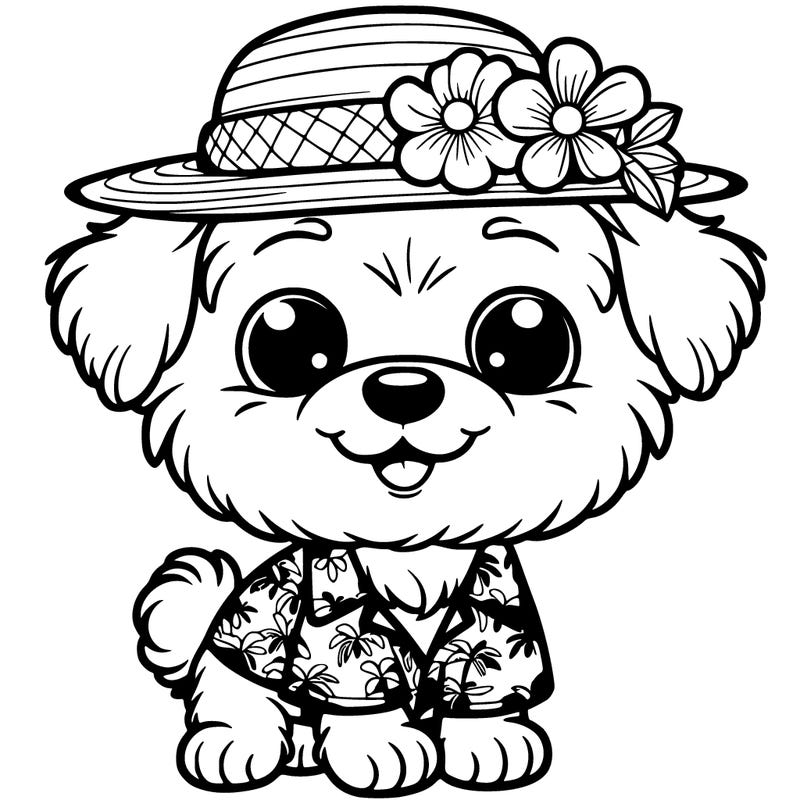 a cute dog with an hawaiian outfit realistic