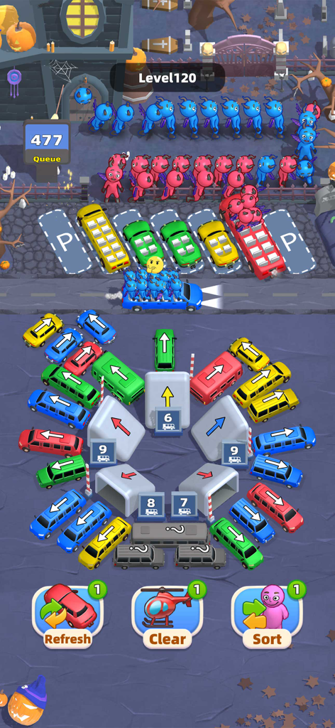 A gameplay screenshot of Car Jam 2 showing a color-coded car and character sorting puzzle in a spooky graveyard setting.