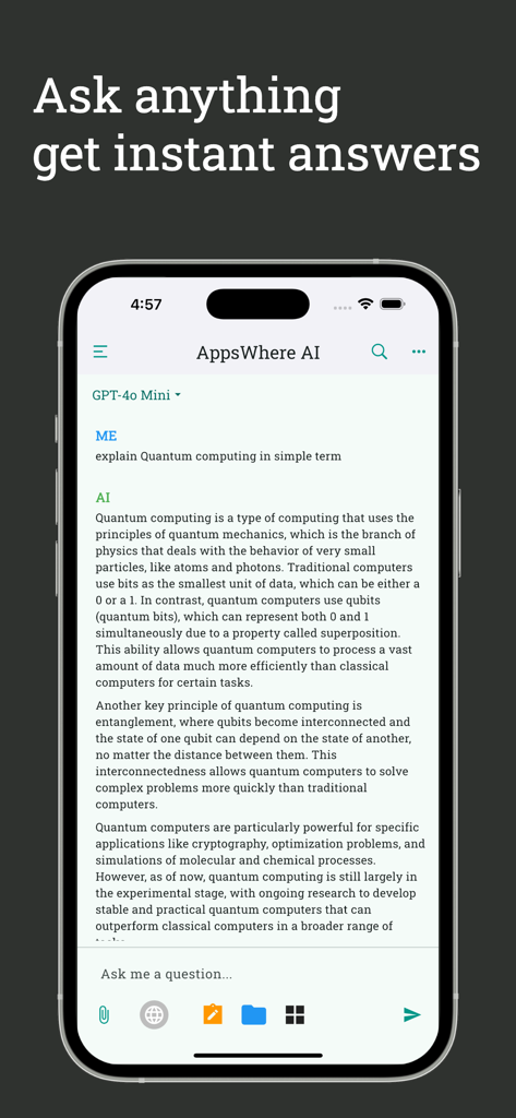 AI GPT Chat Bot - AppsWhere - AppsWhere AI Chat-Oberfläche, die eine Erklärung von GPT-4o zu Quantencomputing zeigt.