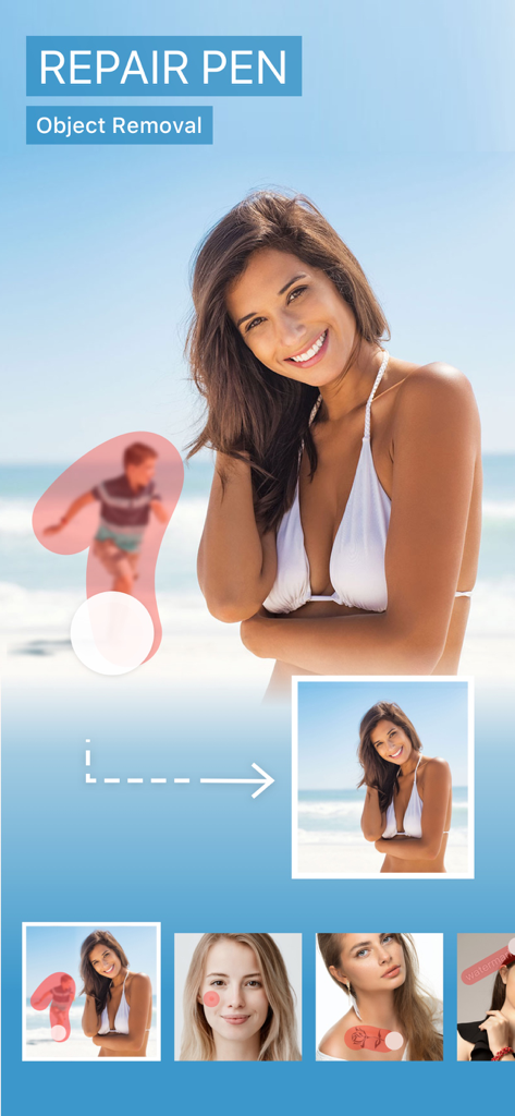 A demonstration of the PicsHub Repair Pen feature removing unwanted people and blemishes from photos.