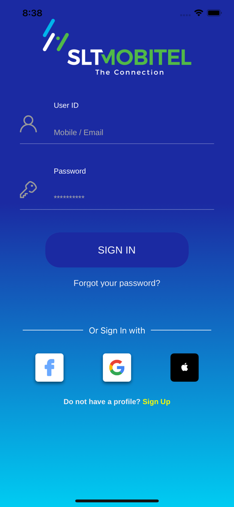 MySLT - MySLT app login page featuring user ID and password fields with social login options for Facebook Google and Apple