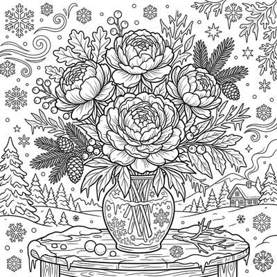 Unwind with this beautiful coloring page featuring elegant pink peonies nestled amidst a serene winter wonderland. Perfect for anyone seeking a blend of floral beauty and frosty charm for their next creative project.